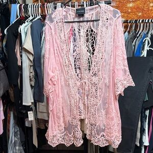 UV Los Angeles Pink Sheer Crochet Lace Kimono Cardigan Cover Up XL